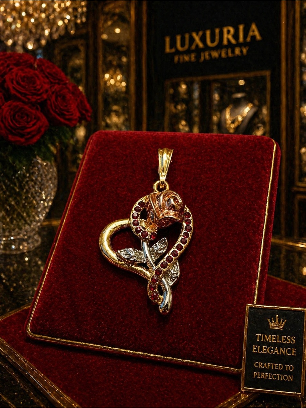 JTV GOLD PLATED TRI-COLOR HEART ROSE RED CZ LARGE PENDANT
